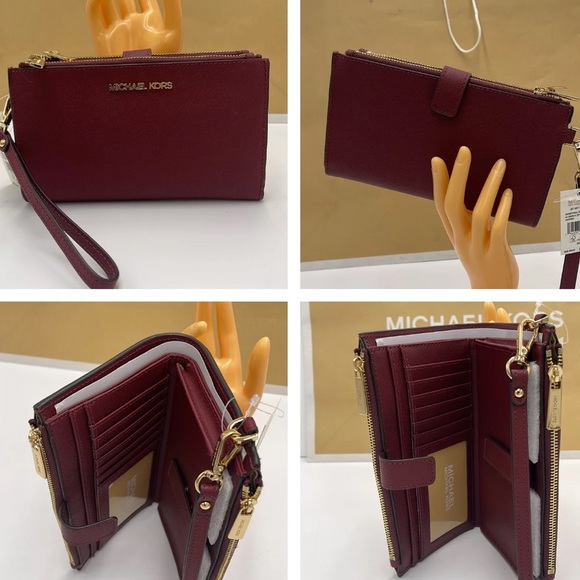 MICHAEL KORS LG DOUBLE ZIP WRISTLET Wallet Phone Holder MERLOT Dark Cherry NWT - Picture 16 of 16